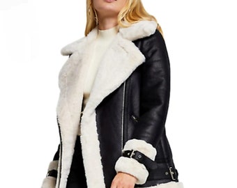 B3 RAF Bomber Aviator Flying Fur Shearling Real Leather Jacket Coat Women