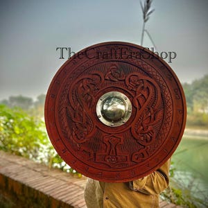 Handmade Viking Shield | Wooden Carved Norse Shield With Runes & Mjolnir | Nordic Wall Décor | Viking Cosplay Prop | Medieval Gift For Him