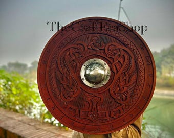 Handmade Carved Wooden Viking Shield: Norse Runes, Mjolnir, Cosplay Prop