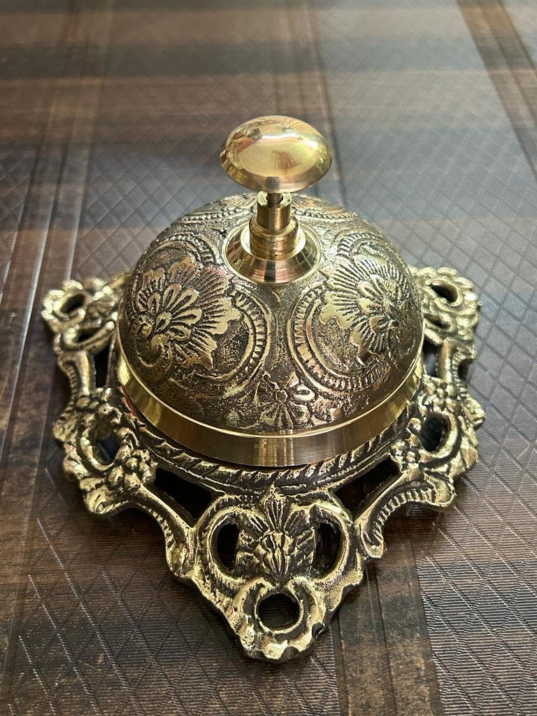 Spiritual :: Bells :: PARIJAT HANDICRAFT Brass Desk Bell Ornate Solid Hotel Counter Bell Service Bell For Hotels Schools Restaurants Reception Areas