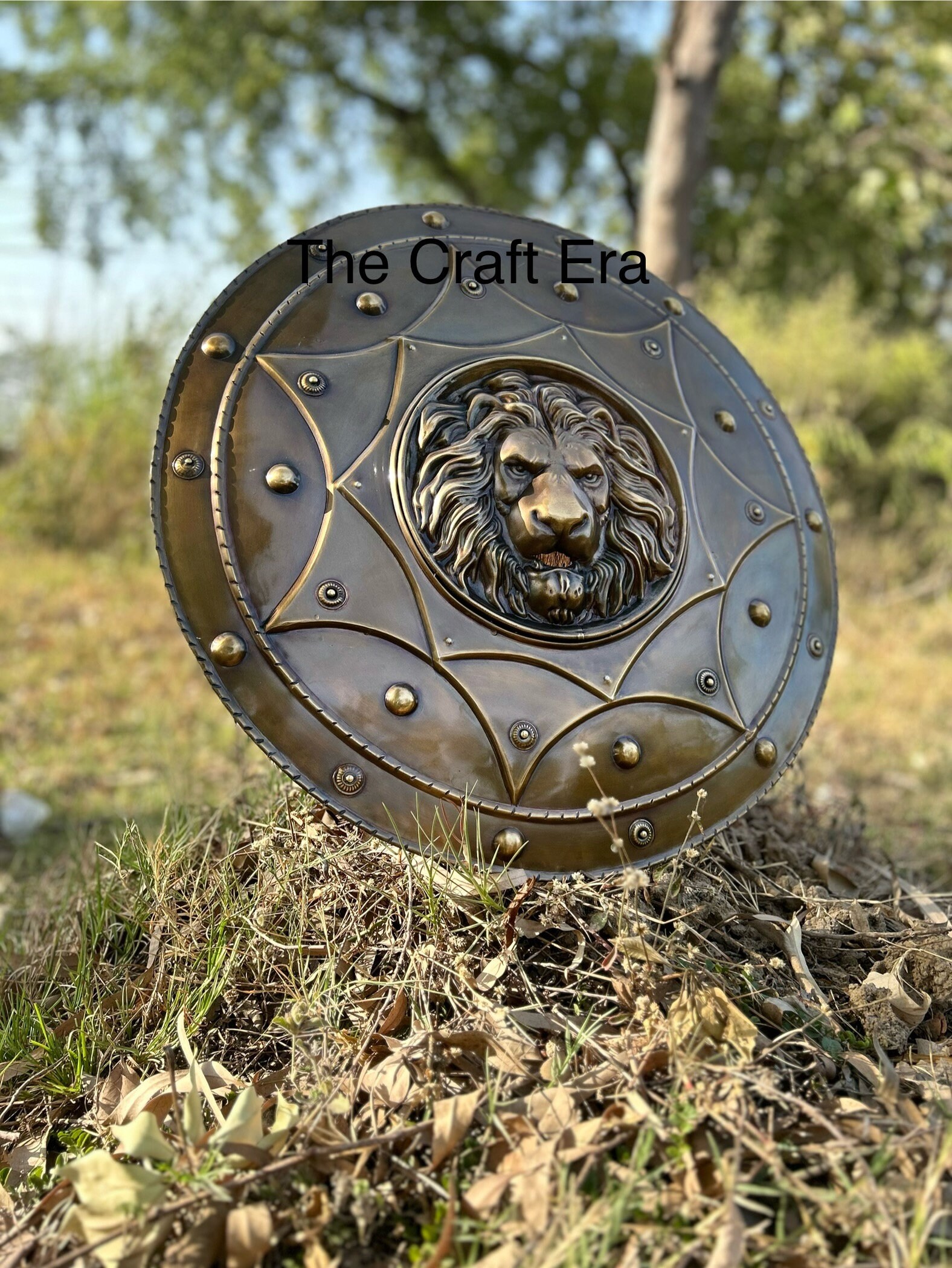 LOOYAR Antique Trojan War Shield - Handcrafted Metal Greek Shield For Costume, Cosplay, LARP, Wall Decor (24" X 22")