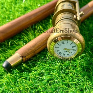Brass Walking Stick With Telescope & Pocket Watch On Top Spyglass Cane, Nautical Steampunk Design Wooden Cane For Men, Gift For Collector