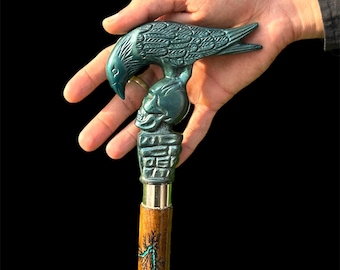 Brass Crow & Skull Walking Cane: Gothic Style Carved Wooden Cane