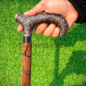 Carved Brass Handle Walking Cane: Lightning Strike Design