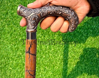 Carved Brass Handle Walking Cane: Lightning Strike Design