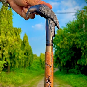 Brass Raven Handle Walking Cane: Carved Lightning Strike Design