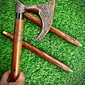 Viking Axe Walking Cane: Brass Handle, Lightning Burnt Wood