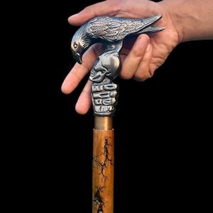 Raven Brass Handle Walking Cane: Handcrafted Wooden Steampunk Stick