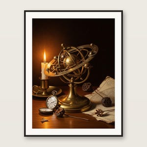 May include: A brass armillary sphere sits next to a lit white candle in a brass holder, a silver pocket watch, and a piece of aged parchment paper with celestial diagrams. The scene is illuminated by the warm glow of the candle flame.