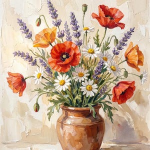 Può includere: Dipinto ad acquerello di una composizione floreale in un vaso marrone. Il bouquet presenta papaveri rossi, margherite bianche e lavanda viola. Lo sfondo è una superficie strutturata bianco sporco.