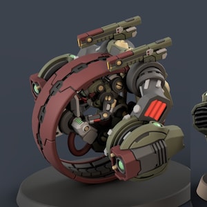 May include: A green and brown robot with a single large wheel and multiple guns. The robot is on a black base.