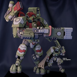 May include: A green and red robot with a large gun, standing next to a smaller green and white robot. "Goby for scale comparison" is written in the bottom right corner of the image.