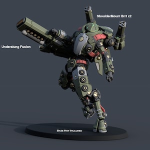 May include: A detailed 3D model of a military-style robot with olive green, red, and grey accents. The robot has a large underslung fusion weapon and shoulder-mounted Brrt x2 guns. The base is not included.