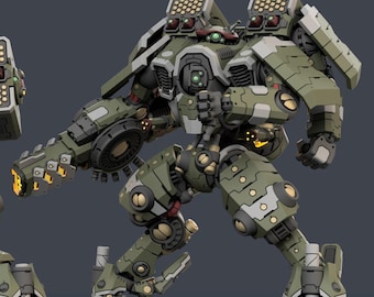 Op de afbeelding: Een gedetailleerde, olijfgroene en grijze robotmech-figuur met meerdere raketwerpers en een grote kanonarm. De figuur staat in een dynamische houding, die het ingewikkelde mechanische ontwerp en de futuristische esthetiek laat zien.