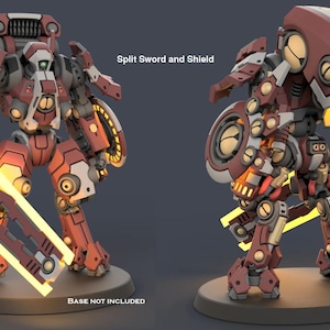 Puede incluir: Dos modelos 3D de una figura robótica, uno de frente y otro de perfil. Las figuras son principalmente rojas y blancas con detalles amarillos. Cada figura sostiene una espada y un escudo amarillos brillantes. El texto "Split Sword and Shield" es visible.