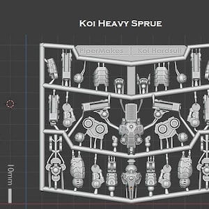 Puede incluir: Un bebedero de plástico gris con múltiples piezas para un kit de modelo Koi Heavy Sprue. El bebedero incluye varios componentes mecánicos, con el texto "Koi Heavy Sprue", "PiperMakes" y "Koi Hardsuit". Se muestra una medida de 2.54 cm.