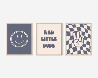 Retro Boho Rad Little Dude Groovy Nursery Decor, Checkered Smiley Poster, Baby Boy Kids Room Decor, Toddler Poster, Newborn Gift, Print