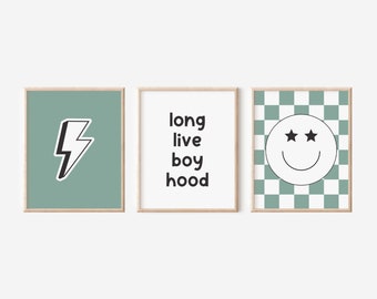 Retro Boho Long Live Boyhood Groovy Nursery Decor, Checkered Smiley Poster, Baby Boy Kids Room Decor, Toddler Poster, Newborn Gift, Print