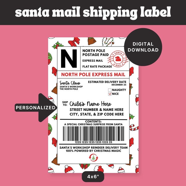Personalized Printable Santa Mail Shipping Label | Customized Christmas Address Label | Holiday Gift Tag | Instant Download | Digital File