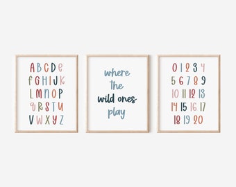 Where The Wild Ones Play Sign Set of Playroom Prints, Playroom Wall Decor, Nursery Wall Art, Play Sign, Kids Room Decor, Alphabet, Numbers