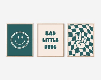 Retro Boho Rad Little Dude Groovy Nursery Decor, Checkered Smiley Poster, Baby Boy Kids Room Decor, Toddler Poster, Newborn Gift, Print