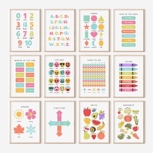 Educational Posters, 12 Homeschool Prints, Montessori Classroom Decor, Boho Toddler Playroom, Neutral Kids Nursery, Playroom Wall Art Print