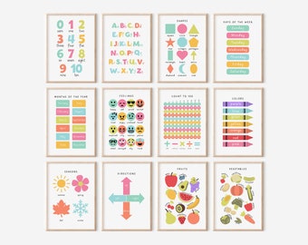 Educational Posters, 12 Homeschool Prints, Montessori Classroom Decor, Boho Toddler Playroom, Neutral Kids Nursery, Playroom Wall Art Print