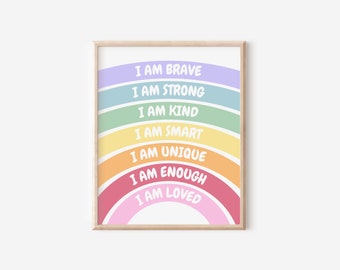 Arte da parete con affermazioni arcobaleno/Poster di affermazioni per bambini/Sono coraggioso, forte, gentile, intelligente/Arte da parete ispiratrice/Affermazioni positive