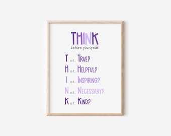 Denke bevor du sprichst Poster, Klassenzimmer Regeln, Schul Counselor Zeichen, Counselor Büro Dekor, Motivations Poster, Montessori Wandkunst