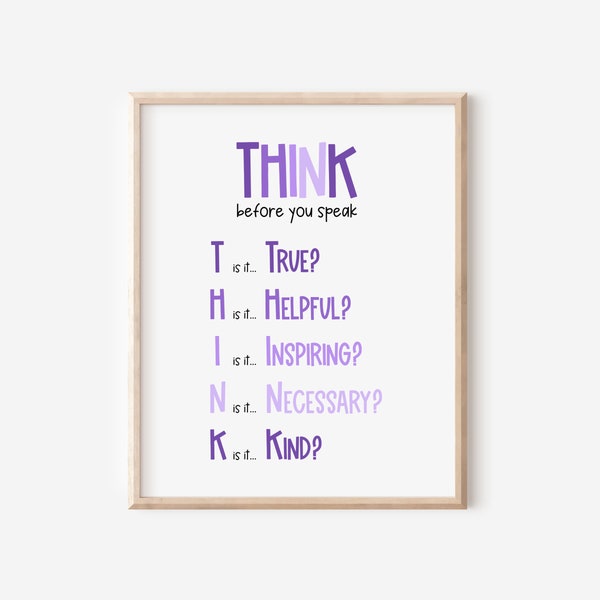 Think Before You Speak Poster, Classroom Rules, School Counselor Sign, Counselor Office Decor, Motivational Poster, Montessori Wall Art