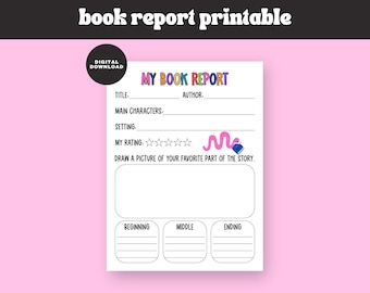 May include: Printable book report template with sections for title, author, main characters, setting, rating, and a drawing space. It also includes a section for summarizing the beginning, middle, and ending of the story.