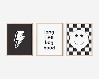Retro Boho Long Live Boyhood Groovy Nursery Decor, Checkered Smiley Poster, Baby Boy Kids Room Decor, Toddler Poster, Newborn Gift, Print