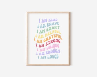 Rainbow Affirmations Wall Art | Affirmations Poster for Kids | I am Brave Strong Kind Smart | Inspirational Wall Art | Positive Affirmations