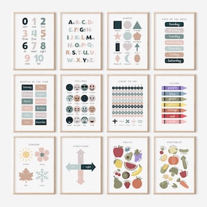 Affiches éducatives, 12 impressions d’école à la maison, décor de classe Montessori, salle de jeux Boho pour tout-petits, crèche neutre pour enfants, impression d’art mural de salle de jeux