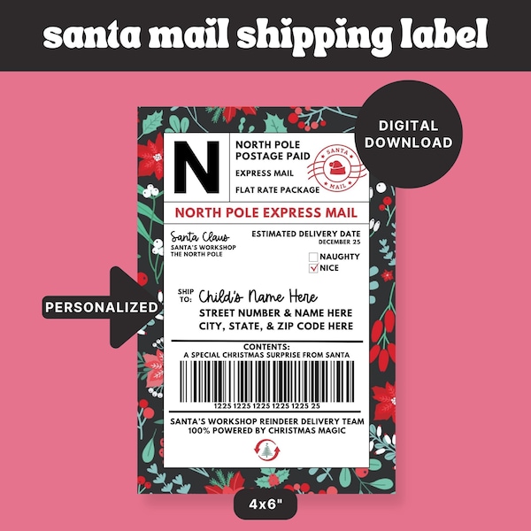 Personalized Printable Santa Mail Shipping Label | Customized Christmas Address Label | Holiday Gift Tag | Instant Download | Digital File