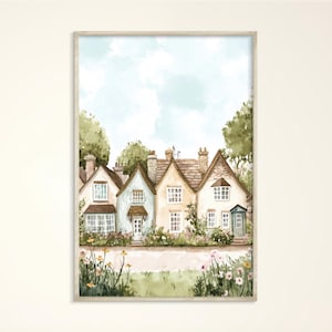 Ruhiger Frühling Englische Landschaft Kunst Druck, Grüner Sommer England Poster, Gemütliche Landhaus Leinwand, minimalistische Pastell Häuser Illustration