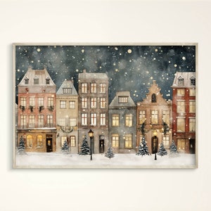 心地よい水彩画の冬の夜のコペンハーゲンの壁アート：クリスマスイブ、雪の日、スカンジナビア、ホリデーシーズン、柔らかく暖かい色調、かわいい家