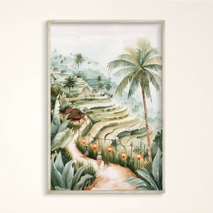 Aquarell Bali Kunstdruck, Gemütlicher Sommer Indonesien Poster, Minimalistische grüne Leinwand, Moderne Büro Eingangsbereich Illustration, Einzugsgeschenk