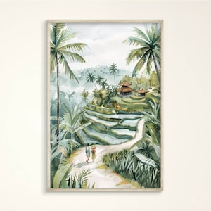 Gemütliches Bali Indonesien Art Print, Warmes Aquarell Sommer Poster, Glückliche minimalistische grüne Leinwand, Modernes Schlafzimmer Illustration Geschenk, Reisfelder
