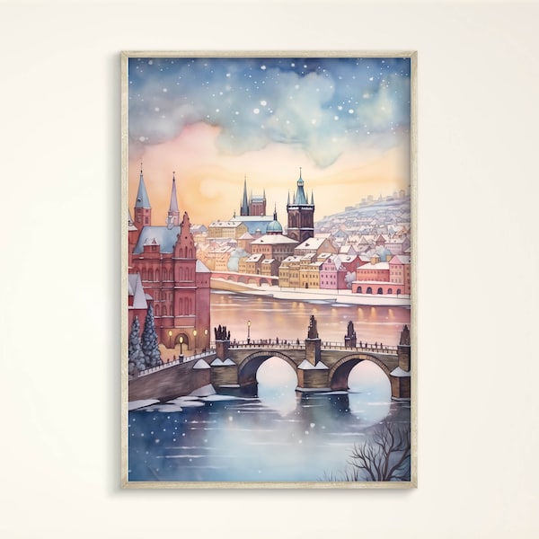 Prague Watercolor Art Print, Panorama Prague Travel Poster, Europe Wall Decor, Travel Gift, Czech Republic, Cozy Winter City Wall Art Canvas