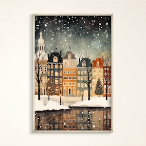 Gemütliches, verschneites Kopenhagen Wandbild: Heiligabend, Skandinavische Stadt, Winter, Weihnachten, Winterstadt, Süße Häuser, Winterabend, Aquarell