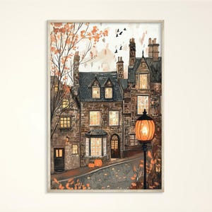 Stampa artistica autunnale di Edimburgo, poster acquerello della Scozia, decorazione da parete calda di Halloween, tela di strada di case in pietra, illustrazione di città autunnale