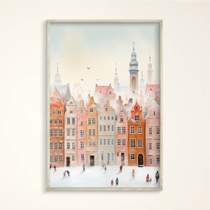Arte mural del casco antiguo de Gdansk en invierno, impresión de viaje a Polonia, póster de diseño minimalista acogedor, lienzo con escena navideña de la ciudad en invierno