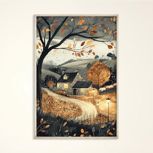 Gemütliches Yorkshire Herbst Cottage Art Print, Aquarell England Poster, Warmer Herbst Illustration, Warme Herbst Dekoration, Haus Leinwand