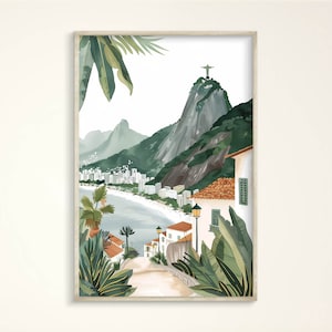 Impresión artística de acuarela de Río de Janeiro, Brasil, póster acogedor de verano en Brasil, lienzo verde exótico minimalista, ilustración moderna para el dormitorio de una casa