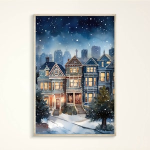 Alamo Square innevato, San Francisco, acquerello, arte murale: poster di viaggio, fila di cartoline, Natale, città invernale, regalo di inaugurazione della casa, Painted Ladies