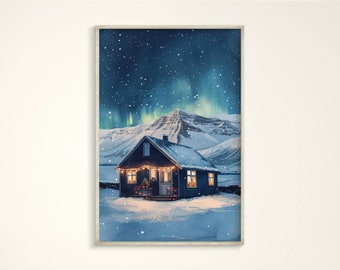 Reykjavik Island Kunstdruck, Aurora Nordlichter Druck, Island Aquarell Reise Poster Leinwand, Gemütliche Weihnachten Winter Szene Druck