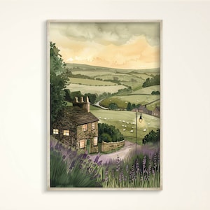 Cozy Cotswolds Kunstdruck, Aquarell England Cottage Haus Poster, Lavendelfelder Leinwand, Warmes Grün, Englische Landschaft