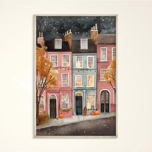 Gemütlicher Herbst Notting Hill Nacht Poster, Pastell Aquarell London Kunstdruck, Englische Stadt Illustration, Häuser Illustration, Herbst Wanddekoration