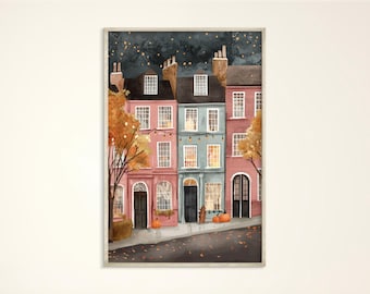 May include: A watercolor painting of a row of pink and blue houses with a tree in front of each house. The houses have lights strung across the front and there are pumpkins on the ground in front of the houses.